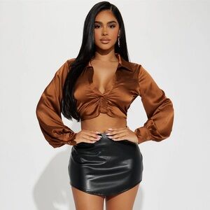 Brown Satin Long Sleeve Top - Fashion Nova NWT Size XS